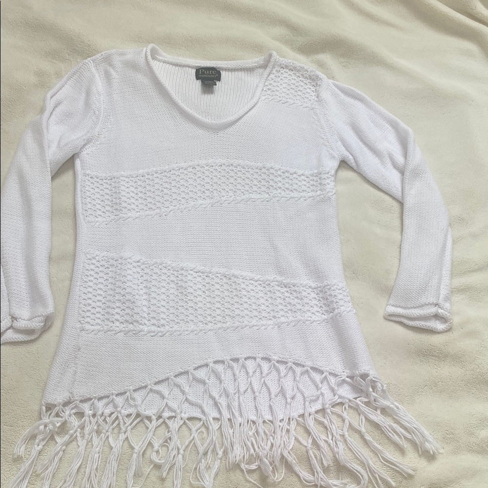 White Cotton Knit Fringe Sweater